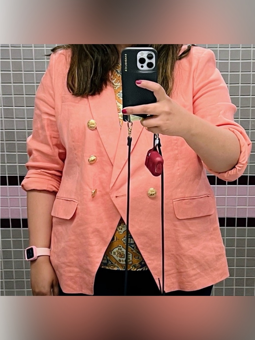 Express Coral Pink Linen Double-Breasted Blazer with Gold Buttons